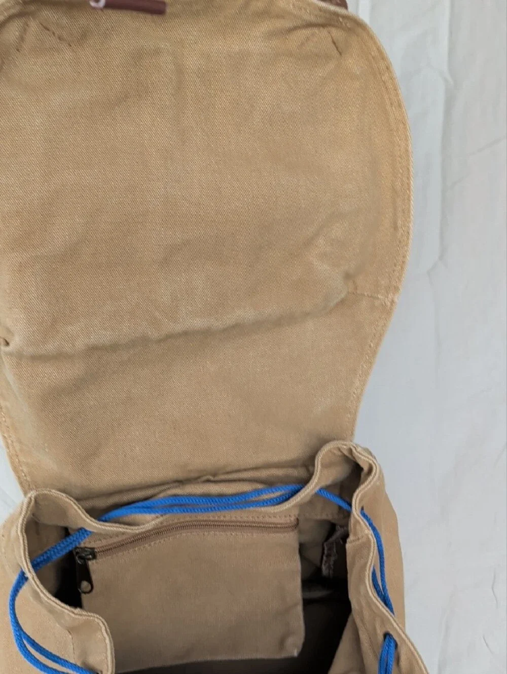 Durable Tan Canvas Backpack with Brown Trim Hiking Camping Outdoor Activities
